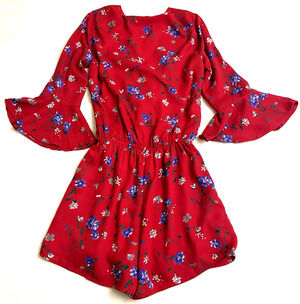 Lulus Red Floral Print Flounce Sleeve Romper Size XS